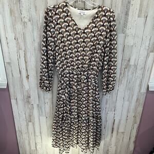 Sweet Salt Shell Print Belted Long Sleeve V Neck Dress Boutique Midi